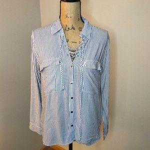 5/$25 Small Zara Basic Blue and White Striped Blouse With Lace Up Collar